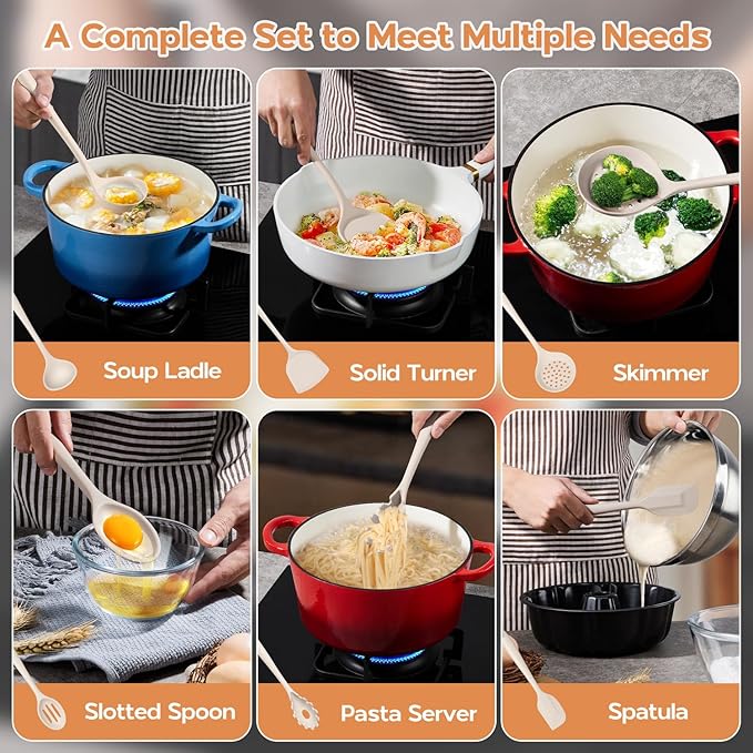 Onader Kitchen Utensils Set, Silicone Non Toxic Cooking Utensils, 6 Pcs Heat Resistant Kitchen Gadgets Set for Nonstick Cookware - Khaki