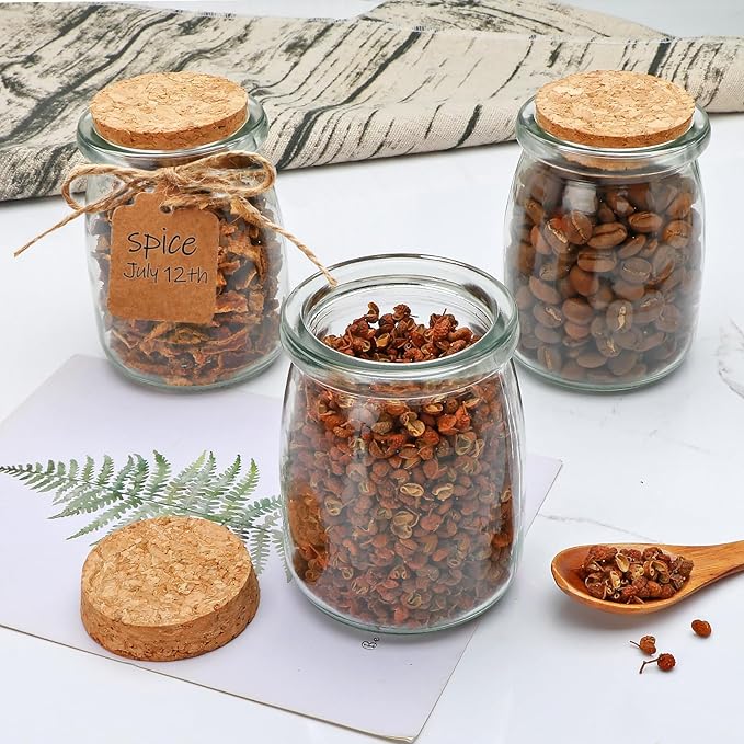 Mini Yogurt Jars 6 Pack, 7 oz Glass Favor Jars with Cork Lids, Pudding Containers with Lids, Mason Jar Wedding Favors Honey Pot with Label Tags and String