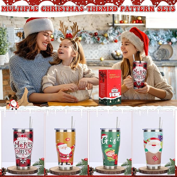 Mifoci 4 Pcs 30 oz Christmas Tumbler with Lid and Straw Stainless Steel Christmas Mug Double Insulated Cup Insulated Coffee Tumbler with Straw Brush for Holiday Coworkers Women Gifts(Style 3)
