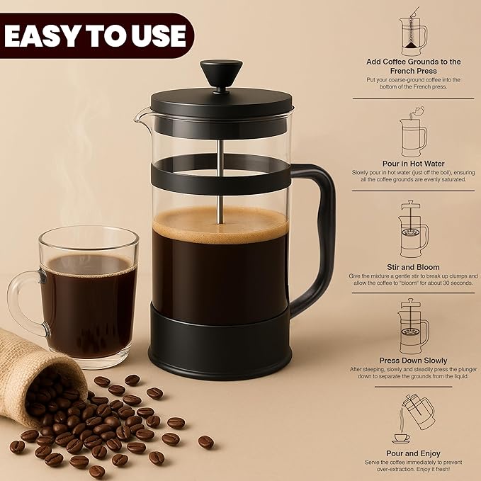 Utopia Kitchen Borosilicate Glass French Press Coffee Maker 34 Oz, Heat-Resistant Cafetiere & Tea Maker, Thickened Glass Coffee Press for Travel and Camping, Black