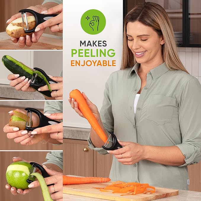 Spring Chef Swivel Vegetable Peeler & Y Peeler with Sharp Stainless Steel Blades & Premium Lemon Zester (Fine Grater) with Handle - 3 Product Bundle - Black