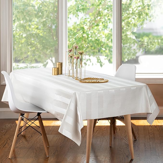 Luxury Table Protector Pad, 2 in 1 Table pad + Great Looking Tablecloth - Heat Resistant, Spill & Stain Proof - Flannel Backing (54x108, White - Silk Stripe)