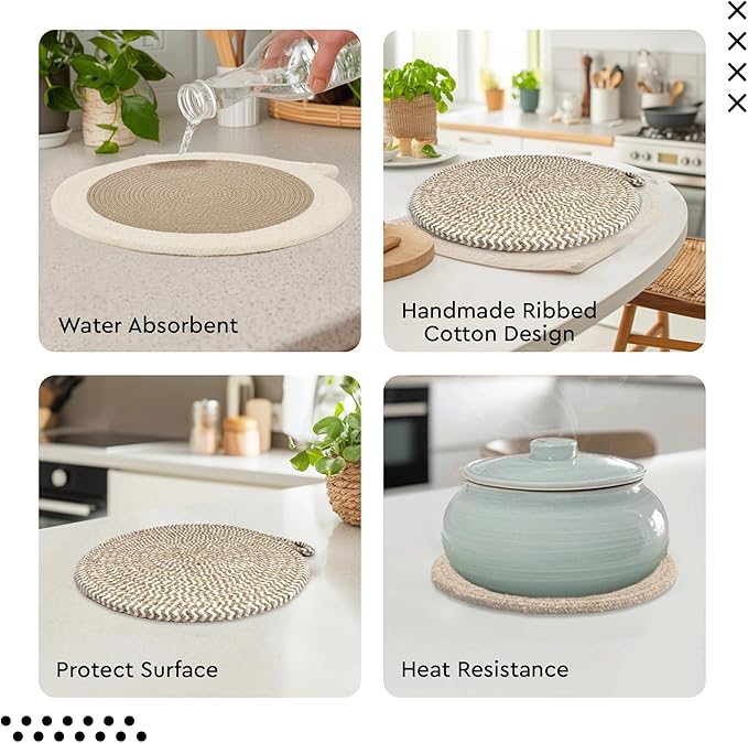 Encasa XO Round Trivet Mats For Hot Dishes with Hanging Loop | Beige Combo - Set of 6 with 7 inch Diameter | Cotton Round Thick Heat Resistant Pot Holders | Use Hot Pads Plate Mats For Hot Pots & Pans