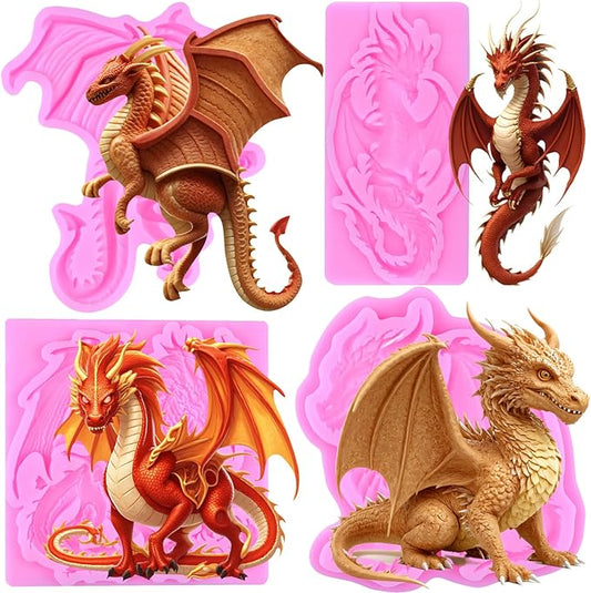 Dragon Silicone Mold Flying Dragon Fondant Molds For Cake Decoration Cupcake Topper Chocolate Candy Polymer Clay Gum Paste Set Of 4
