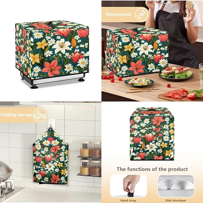 Red White Lily Flower Print Meat Slicer Cover, Food Slicer Cover,With Organizer Side Pocket for Accessories, Such as Stainless Steel Blade, Brush,etc Waterproof Fabric, Easy to Clean