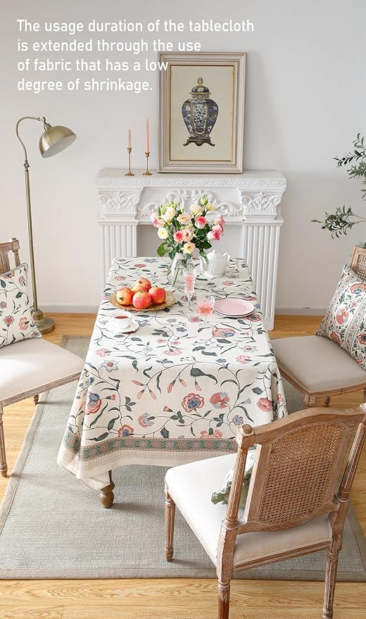 ISAENNE Designer Chinoiserie Linen Floral Small Rectangular Tablecloth,White Wrinkle Resistant Table Cloth,Elegant Decor Tablecloths for Dining Thanksgiving Kitchen Party,55"*71"-Daffy