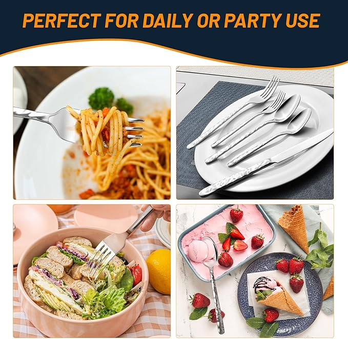 NICE KITCHEN Silverware Set, 40 Piece Premium Stainless Steel Flatware Set for 8, Heavy Duty Silverware Cutlery Sets with Wavy Patterns, Spoons and Forks Set, Mirror Polished, Dishwasher Safe