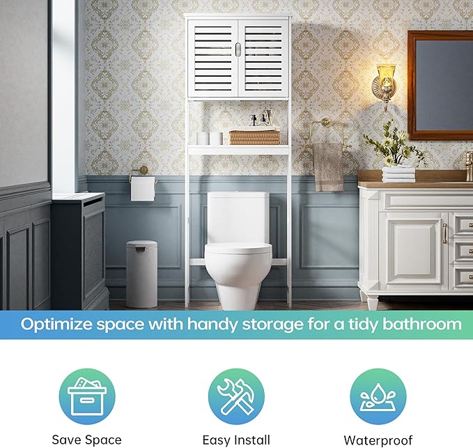 SMIBUY Bathroom Over The Toilet Storage Cabinet, 2 Door Bamboo Cabinet Organizer, Freestanding Space Saver Toilet Rack with Adjustable Inside Shelf and Open Shelf (White)