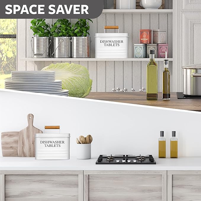 Calindiana Modern Farmhouse Metal Dishwasher Pods Container Holder with Lid for Kitchen Organization and Storage, Kitchen Essentials Decor Accessories, White