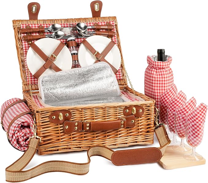 Wicker Picnic Basket Set for 4 Person with Cooler Compartment and Waterproof Picnic Blanket,Removable Strap,Wine Bag,Cutlery Set,for Camping,Day Travel,Beach,Hiking,BBQ and Family/Couples Gifts (Red)