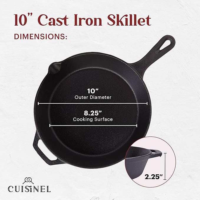Cuisinel Cast Iron Skillet + Grill Press + Scraper Set - 10"-inch Pre-Seasoned Frying Pan + Silicone Handle Grip - 7" Round Burger Smasher - Indoor/Outdoor, Grill, Kitchen Cookware. PFAS and PFOA-free