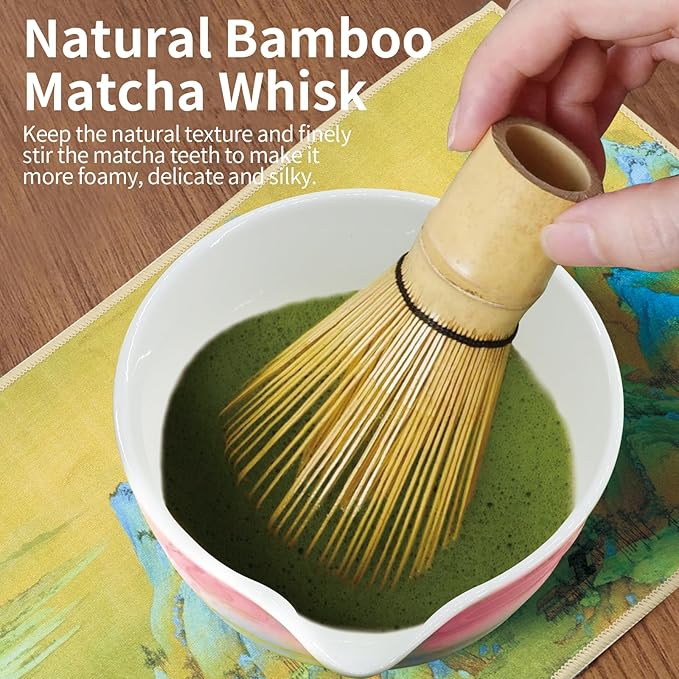Matcha Whisk Set, 7-Pcs Matcha Set Includes Gradient Ceramic Matcha Bowl and Chasen Holder, Bamboo Whisk, Stainless Sifter, Teaspoon, Tea Towel, Spoon, Matcha Kit for Tea Lovers (Pink)