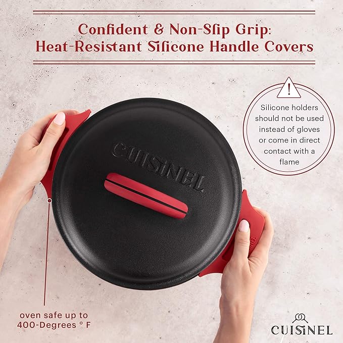 Cuisinel Cast Iron Dutch Oven - 5-Quart Deep Pot + Lid + Pan Scraper + Handle Cover Grips - Large Pre-Seasoned Cooker for Baking Bread, Soup, Frying - Indoor/Outdoor Kitchen, Camping, Fire, BBQ Safe