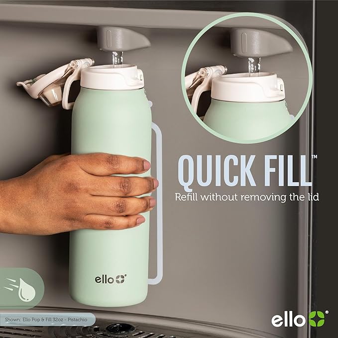 Ello Pop & Fill 32oz Stainless Steel Water Bottle with QuickFill Technology, Double Walled and Vacuum Insulated Metal, Leak Proof Locking Lid, Straw and Chug, Reusable, BPA Free, Serene Bloom