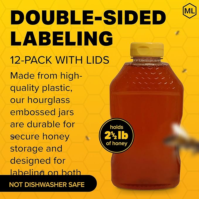 Mann Lake Refillable Hourglass Honey Jars | 2.5 lb Plastic Containers with Yellow Flip-Top Lids | Empty Bottles for Honey Storage & Dispensing | 12-Pack (Honey Not Included)