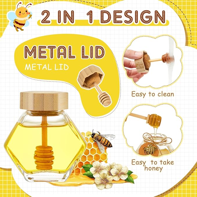 Pickmesh 12 Pcs Hexagonal Glass Honey Jars with Spoon, 3.38 oz Honey Dispenser with Wooden Spoon Bee Charm Thank You Card Organza Bag Mini glass Jars for Baby Shower Wedding Party Favor Decorations