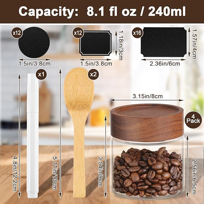 Glass Jar with Wood Lid, 4 Pack 8oz 240ml Coffee Jars with Airtight Lids, Wooden Screw Top Pantry Storage Glass Canister, Clear Kitchen Container for Spice, Sugar, Tea, Oats, Candy, Bean, Nuts
