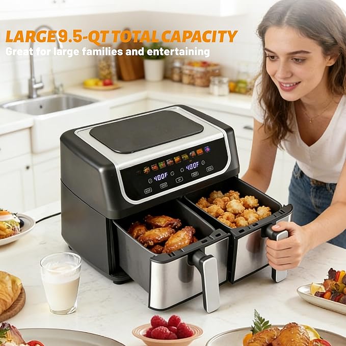 2 Baskets Air Fryer 9.5 QT, 10 in 1 Dual Air Fryers with Ceramic Crisper Plate, 80-450°F Wide Temp, Smart Cooking Mode with Match & Sync Cook, Shake Reminder, Roast, Defrost, Bake, Black