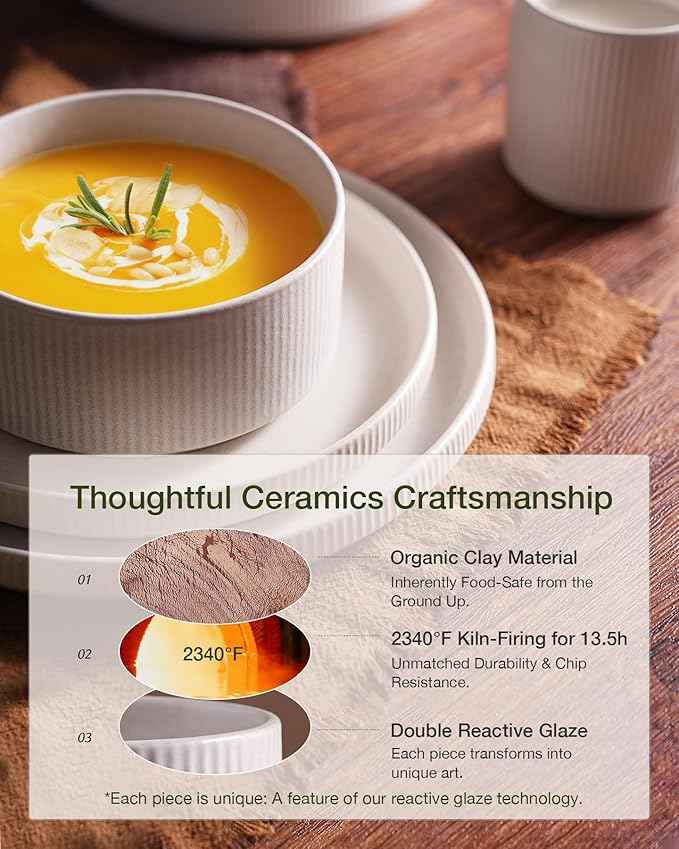 famiware Star Dinnerware Set with Pasta Bowls, Service for 6 (24 Pieces), Ribbed Stoneware Plates and Double Bowls Sets - Chip & Scratch Resistant, Microwave & Dishwasher Safe Dishes, Matte White