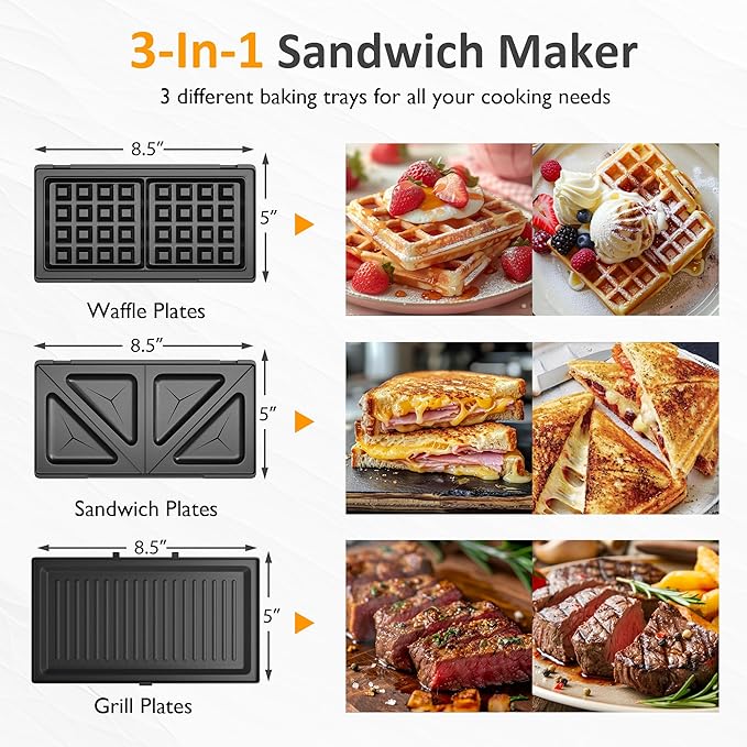 Sunvivi 3 in 1 Sandwich Maker, Electric Waffle Maker with Removable Non-stick Plates, 1000W Panini Press Grill with Glass Top, Cool Touch Handle & Easy to Clean, Blue