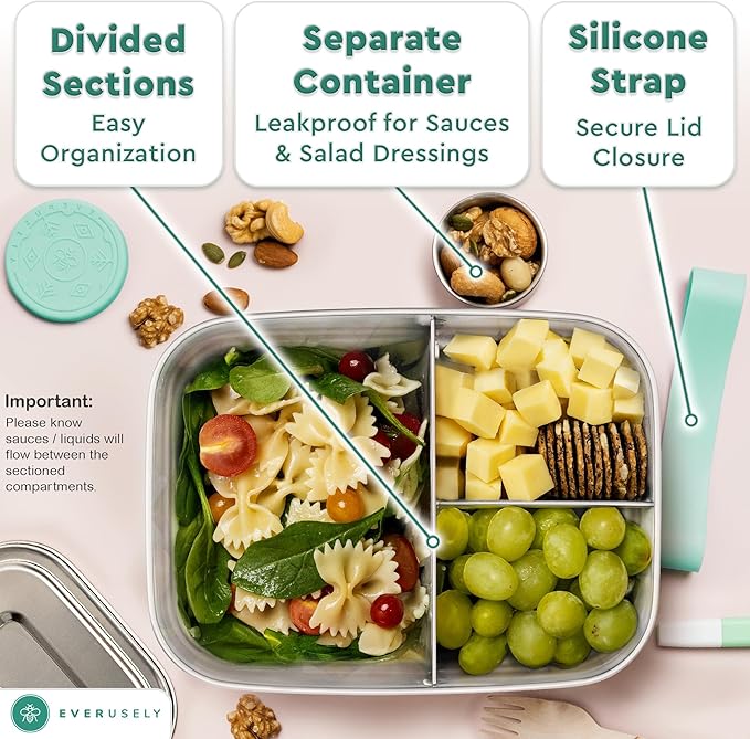 Everusely - Bento Box - Green, 60oz / 1.8 L - Extra Large Stainless Steel Lunch Box + Leakproof Condiment Container - 3 Compartment Snack Organizer for On the Go Meals - Freezer & Dishwasher Safe