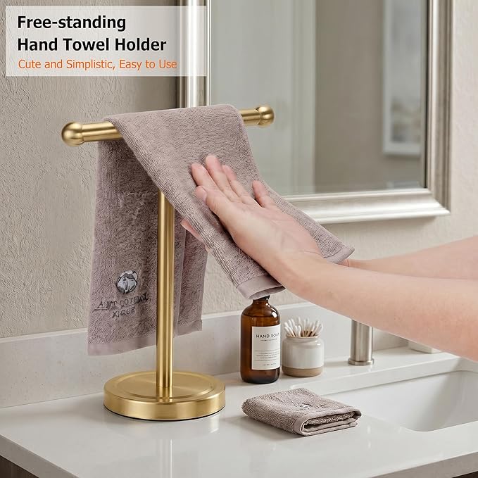 Gold Hand Towel Holder Stand with Heavy Stainless Steel Base, T-Shape Towel Rack, Free-Standing Towel Holder Countertop for Bathroom (Brushed Gold)