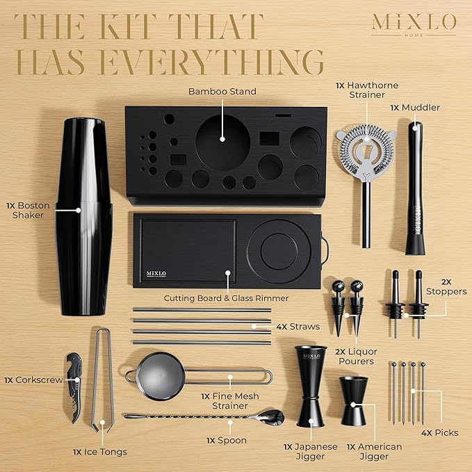 Mixology Bartender Kit - 22Pcs Bar Set Cocktail Shaker Set w Black Bar Cart Accessories Stand - Shakers Bartending Gun Metal Black Tools, 24oz Shaker, 17 Recipe Cards, Martini Barware