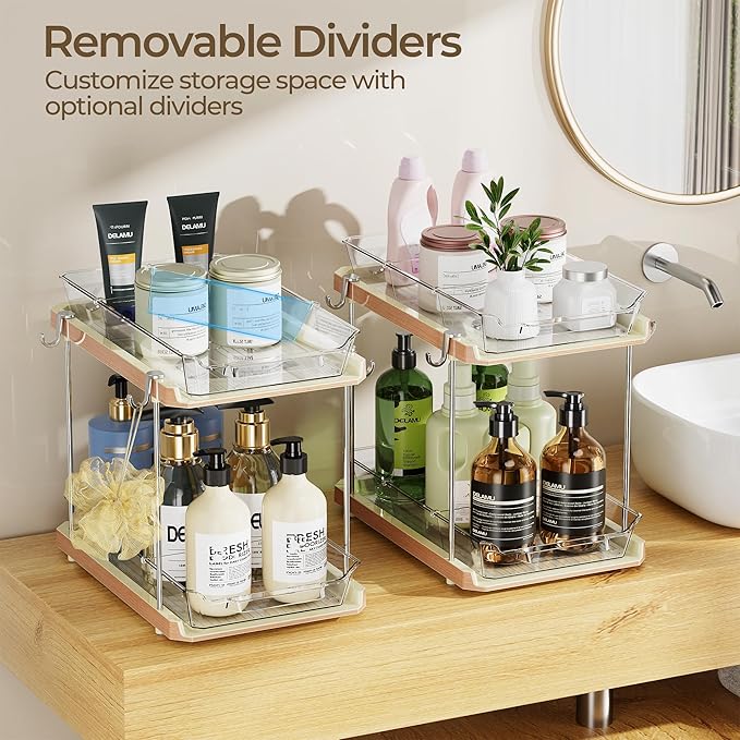Delamu 2 Tier Bathroom Under Sink Organizers and Storage with Hook, Multi-Purpose Cabinet Drawers with Movable Dividers, Pull Out Organization for Countertop, Kitchen and Pantry(Wood Grain, 4 Pack)
