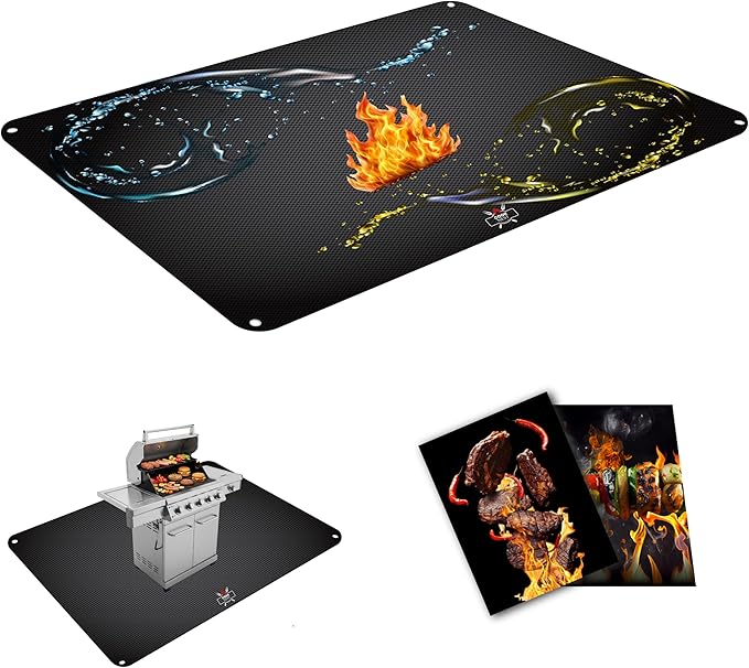 Grill Mat Set – 60"x40" Under Grill Mat for Outdoor Grill + 2 BBQ Cooking Mats, Heat-Resistant Silicone, Includes Stakes & Bag – Use on All Surfaces
