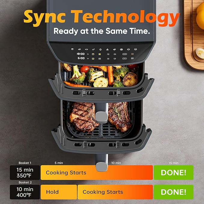 Dual Basket Air Fryer, 12.6QT Family-Size for 10–12 People, XL Basket for 6LB Whole Chicken, DoubleStack Compact Design, 10-in-1 Functions with Reheat, Dehydrate & SyncFinish, Dishwasher-Safe, Gray