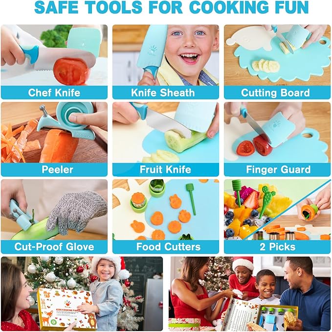 Kibbidea 13 Pcs Kids Kitchen Knife Set, Kids Cooking Sets Real with Cutting Board, Peeler, Serrated Edges Stainless Steel Toddler Safe Knife, Sandwich Cutter (Blue)