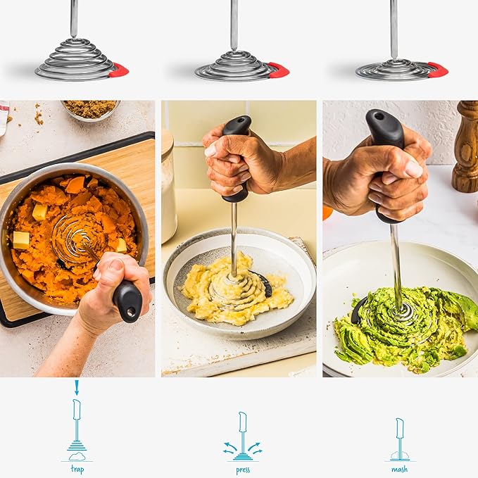 Dreamfarm Smood | One-Handed Stainless-Steel Spring Coil Vegetable and Potato Masher with Soft Grip and Bowl Scraper | Red
