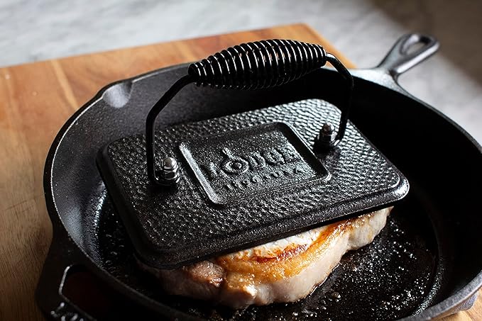 Lodge Pre-Seasoned Cast Iron Grill Press with Cool-Grip Spiral Handle, 4.5 inch X 6.75 inch, Black