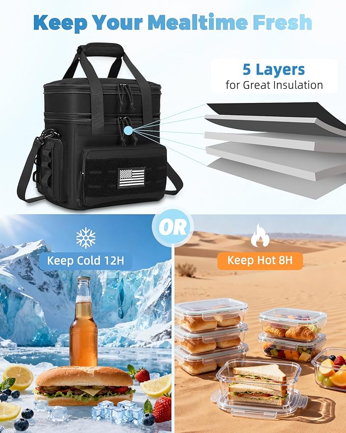 holuxer Tactical Lunch Bag & Lunch Box for Men - Large Double Deck Expandable Insulated Soft Adult Lunchbox for Work - Cooler Bag for Beach, Picnic, Camping,Outdoor，Travel (Black,16L)