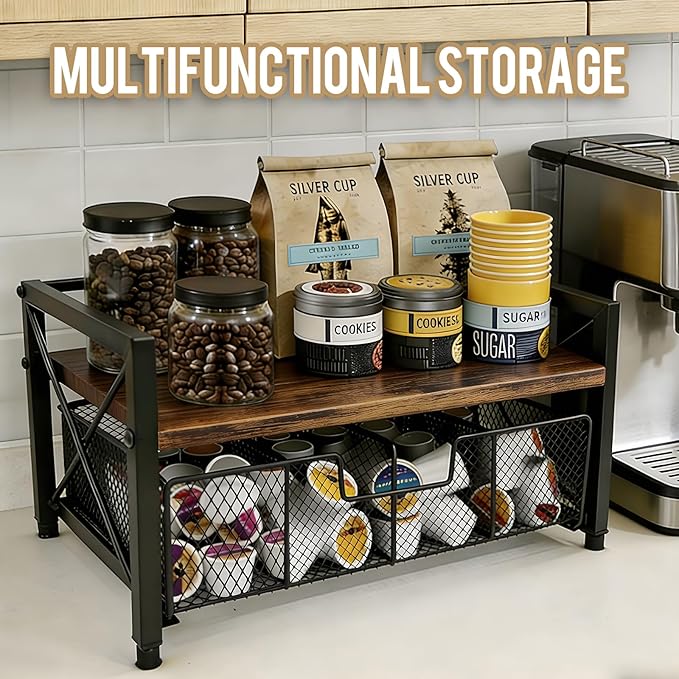 Tea Bag Organizer With Adjustable Drawer, Teabag Bar Holder Organizer For Counter, Wood ＆ Metal Station Storage Chest Display, Coffee Packet Containers Box For Countertop Kitchen Office Rustic Brown