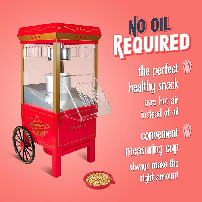 Nostalgia Vintage Hot-Air Popcorn Maker Machine - Makes Up to 12 Cups - Oil-Free - Healthier Popcorn - Classic Stand-Up Cart With Wheels - Includes Kernel Measuring Cup - Red