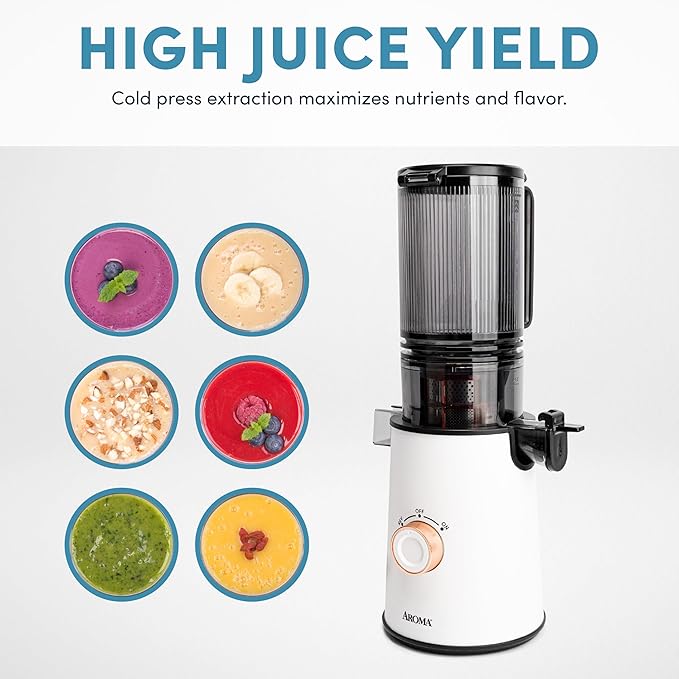 AROMA® Cold Press Juice Machine Slow Masticating Fruit and Vegetable Juicer for Home with Large 4-Inch Feeder and Double Pulp Filter