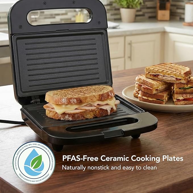 OVENTE Electric Panini Press Grill with Nonstick Plates, LED Indicator Lights, Thermostat Control, Cool Touch Handle, Compact Sandwich Maker Perfect for Cooking Breakfast, Snacks & More, Black GP0401B