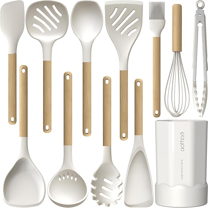 Silicone Cooking Utensils Set, 446°F Heat Resistant Silicone Kitchen Utensils for Nonstick Cookware, Kitchen Gadgets Spatula Set, Spoon, Turner, Tongs, Ladle, Whisk, BPA FREE (Cream White)