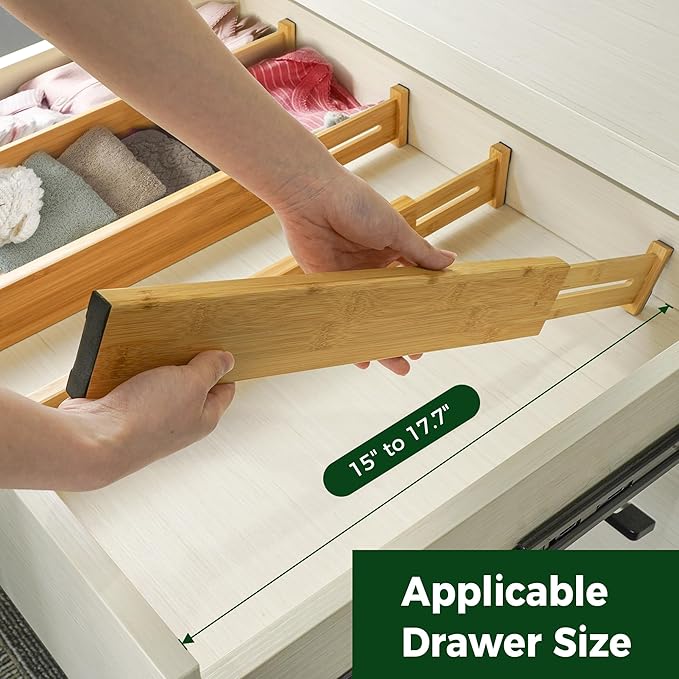 Utoplike Small Bamboo Kitchen Drawer Dividers(Fits 15"-17.7" Drawer Inner Size), 4 PCS Adjustable Drawer Organizers for Socks, Spring Loaded, Works in Drawer for Bedroom, Dresser | Adjustable, Drawer Organizers, for Socks, Spring Loaded, Works in Drawer