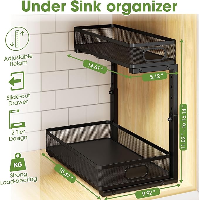 Under Sink Organizer 4-Pack, Metal 2-Tier Pull-Out Cabinet Shelf with Slide-Out Mesh Drawers, Height Adjustable, Space-Saving Storage Racks for Kitchen, Bathroom, Laundry Room