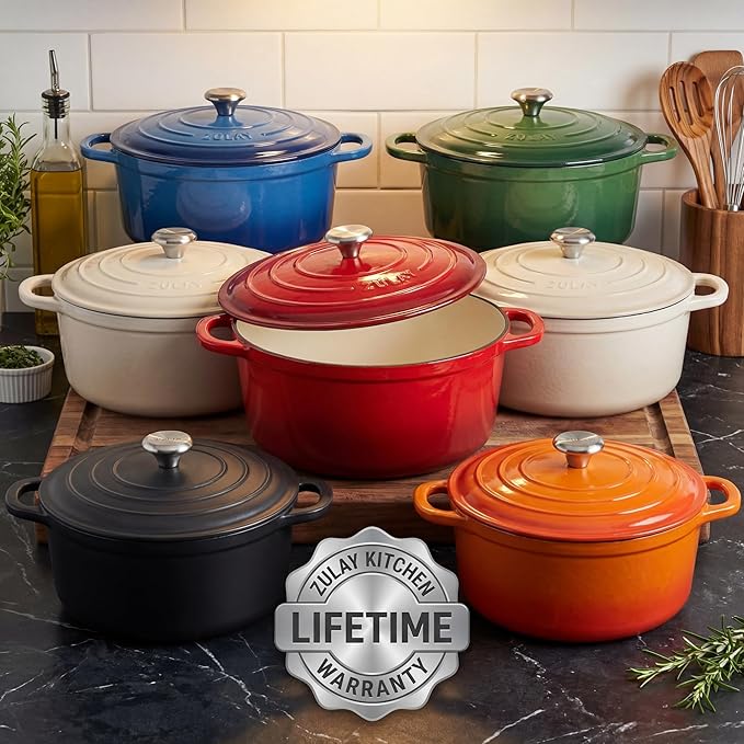 Zulay Kitchen 5 Quart Enameled Cast Iron Dutch Oven Pot with Lid – Premium Durability & Oven Safe up to 500°F – Heavy Duty Cookware Perfect for Bread Baking, Stews, Braising & Roasting – Ablaze Red