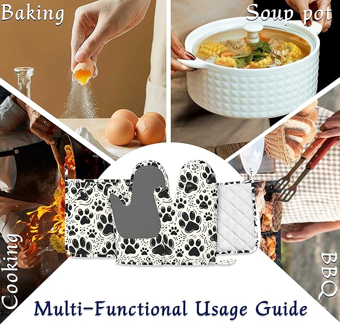 Dog Paw Potholders & Oven Mitts Sets Cat Footprint Paw Prints Silicone Heat Resistant Oven Mits and Hot Pads Non-Slip Pot Holders Gloves for Kitchen Chef Cooking Baking Grilling BBQ