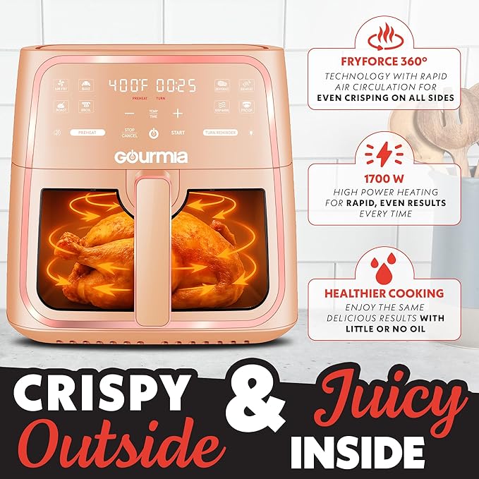 Gourmia 8 Qt Air Fryer, 8 Presets with Digital Display, FryForce 360° Technology, Easy View Window & Interior Light, Dishwasher Safe Basket, Peach