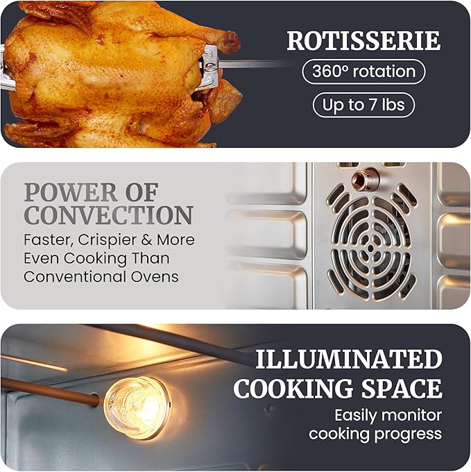 Elite Gourmet ETO-4510M French Door 47.5Qt, 18-Slice Convection Oven 4-Control Knobs, Bake Broil Toast Rotisserie Keep Warm, Includes 2 x 12" Pizza Racks, Stainless Steel