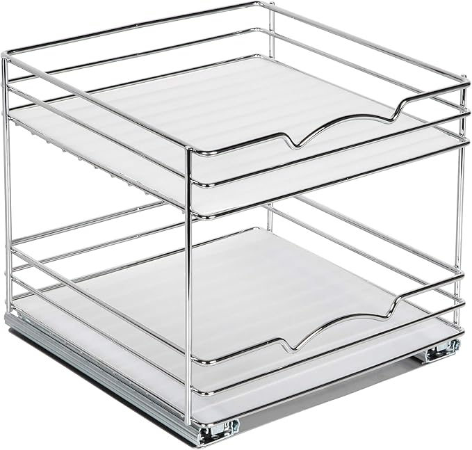 2 Tier Pull-Out Cabinet Spice Rack Organizer - Slim Slide-Out Storage for Spices, Bottles & Jars, Premium Heavy-Duty Steel, Easy Install for Narrow Kitchen Cabinets -10-1/2"Wx10-3/8"Dx8-7/8" H, Chrome