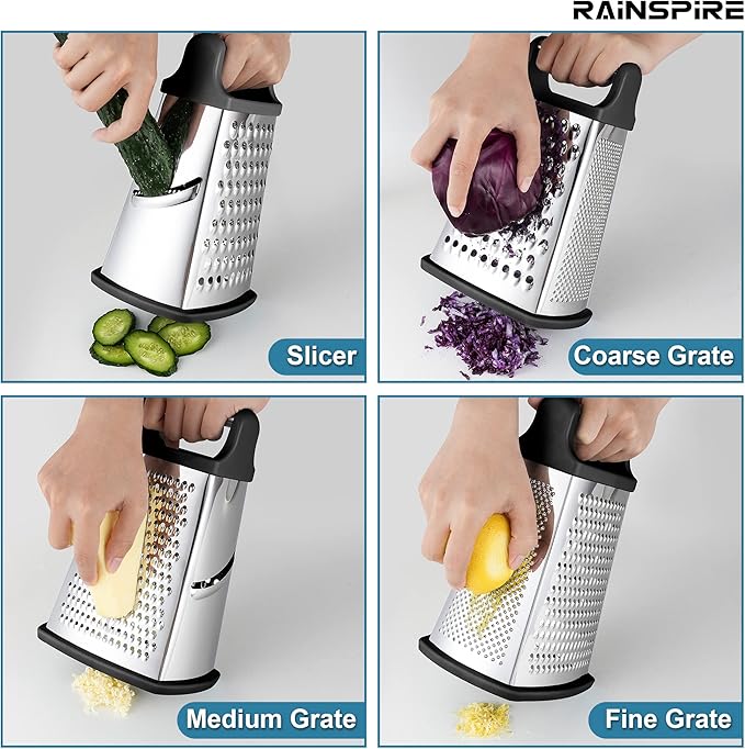 Rainspire Professional Box Grater, Cheese Grater Box for Kitchen Stainless Steel with 4 Sides, Cheese and Spice Graters with Handle for Vegetables, Ginger, Potatoes, Black