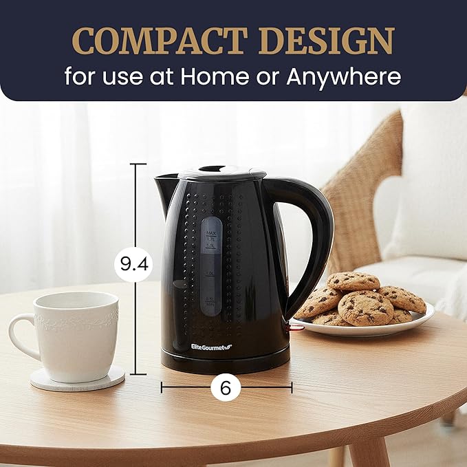 Elite Gourmet EKT5051 1.7L Electric Water Kettle, BPA-Free, Fast Boil, Auto Shut-Off, Boil-dry Protection, 360° Swivel Base with Cordless Serving, Clear-view Window with Water Level Markings, Black