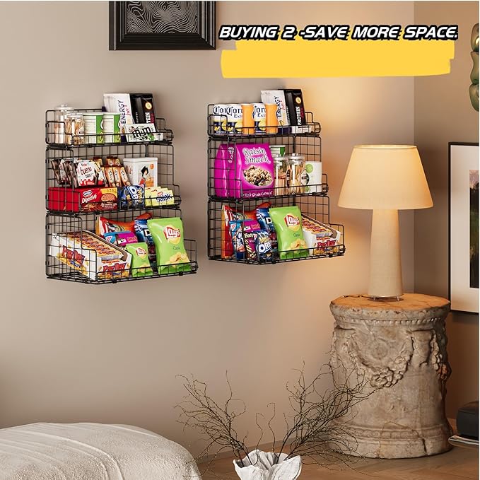 X-cosrack Stackable Wire Basket 3 Tier Countertop& Wall Mounted Metal Storage Basket for Kitchen Pantry Cabinet, Muti-functional Open Front Bin Organizer for Food Fruit Snack, Black