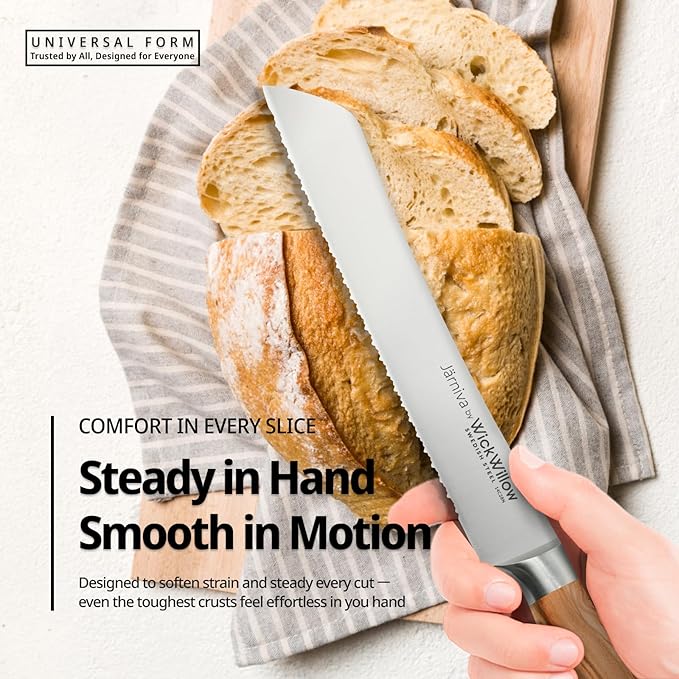 WICKWILLOW 8 Inch Bread Knife – Swedish Steel 14C28N with Italian Olive Wood Handle – Double Serrated Knife for Sourdough & Homemade Bread – Gift Box – Jarniva Series